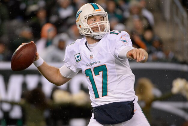 Dec 1, 2014; East Rutherford, NJ, USA; Miami Dolphins quarterback Ryan Tannehill (17) scrambles during the first quarter against the New York Jets at MetLife Stadium. Mandatory Credit: Robert Deutsch-USA TODAY Sports