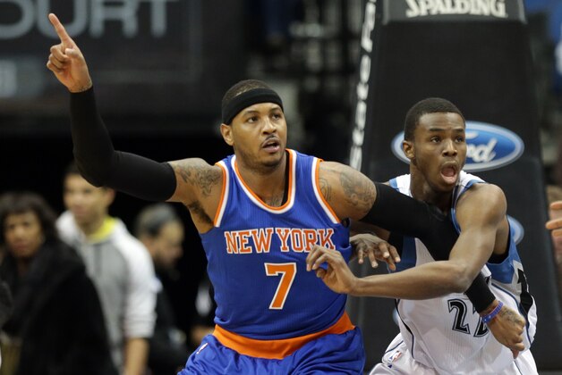 New York Knicks’ Carmelo Anthony, left, points for a pass as Minnesota Timberwolves’ Andrew Wiggins defends in the first quarter of an NBA basketball game, Wednesday, Nov. 19, 2014, in Minneapolis. (AP Photo/Jim Mone)