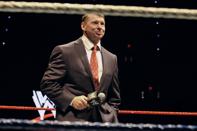 Vince McMahon, husband of Republican U.S. Senate candidate Linda McMahon, speaks to an audience during a WWE fan appreciation event in Hartford, Conn., Saturday, Oct. 30, 2010. Former World Wrestling Entertainment CEO McMahon is battling Richard Blumenthal, the Connecticut  Attorney General, for the senate seat being vacated by the retiring Sen. Chris Dodd.  (AP Photo/Jessica Hill)