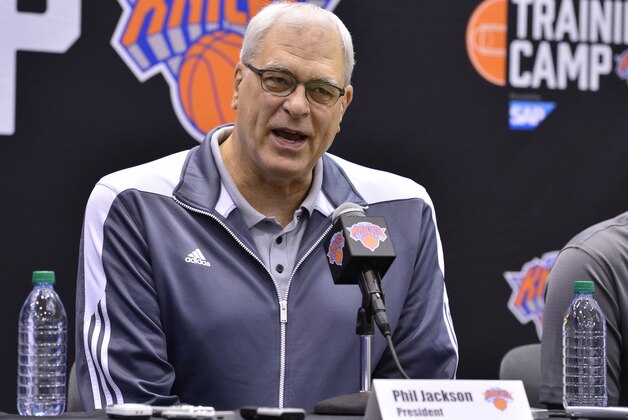 TARRYTOWN, NY - SEPTEMBER 26: New York Knicks Team President Phil Jackson talks to the media on September 26, 2014 in Tarrytown, New York. NOTE TO USER: User expressly acknowledges and agrees that, by downloading and/or using this Photograph, user is consenting to the terms and conditions of the Getty Images License Agreement. Mandatory Copyright Notice: Copyright 2014 NBAE (Photo by David Dow/NBAE via Getty Images)