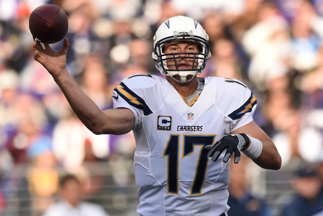 BALTIMORE, MD - NOVEMBER 30: Quarterback Philip Rivers #17 of the San Diego Chargers throws a pass against the Baltimore Ravens in the first half at M&T Bank Stadium on November 30, 2014 in Baltimore, Maryland. The San Diego Chargers won, 34-33. (Photo by Patrick Smith/Getty Images)