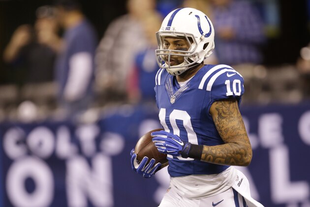 Indianapolis Colts' Donte Moncrief (10) runs before the start of an NFL football game between the Indianapolis Colts and the Jacksonville Jaguars Sunday, Nov. 23, 2014 in Indianapolis. (AP Photo/AJ Mast)