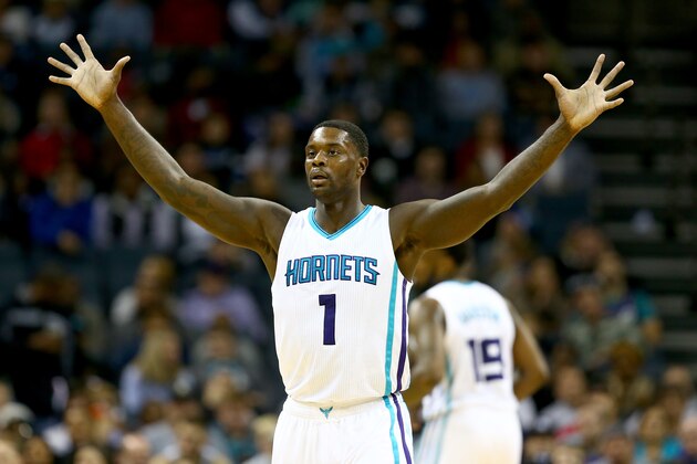 CHARLOTTE, NC - NOVEMBER 26:  Lance Stephenson #1 of the Charlotte Hornets runs reacts as he runs down the court during their game against the Portland Trail Blazers at Time Warner Cable Arena on November 26, 2014 in Charlotte, North Carolina.  NOTE TO USER: User expressly acknowledges and agrees that, by downloading and or using this photograph, User is consenting to the terms and conditions of the Getty Images License Agreement.  (Photo by Streeter Lecka/Getty Images)