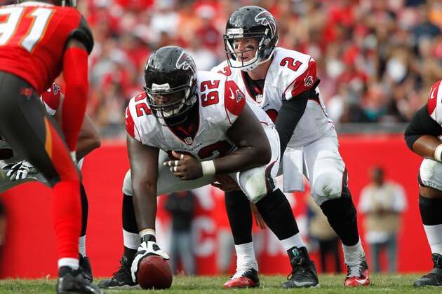 Nov 9, 2014; Tampa, FL, USA; Atlanta Falcons quarterback Matt Ryan (2) calls a play as center James Stone (62) hikes the ball against the Tampa Bay Buccaneers during the second half at Raymond James Stadium. Atlanta Falcons defeated the Tampa Bay Buccaneers 27-17. Mandatory Credit: Kim Klement-USA TODAY Sports