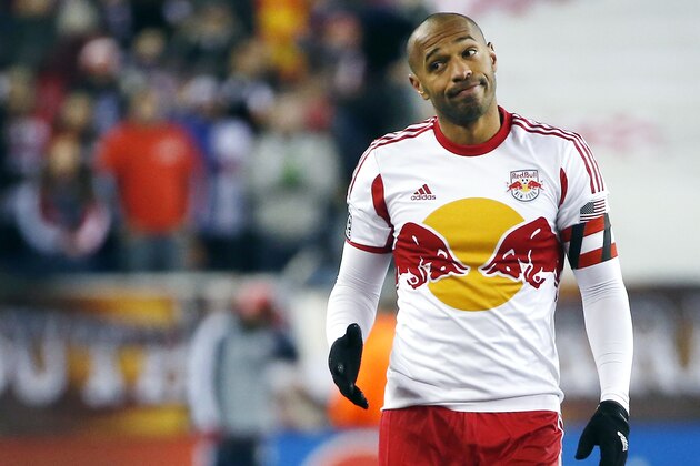 New York Red Bulls forward Thierry Henry gestures during the second half of the second soccer game of the MLS Eastern Conference final in Foxborough, Mass., Saturday, Nov. 29, 2014. The match ended 2-2 and New England advanced with a two-game aggregate 4-3. (AP Photo/Elise Amendola)