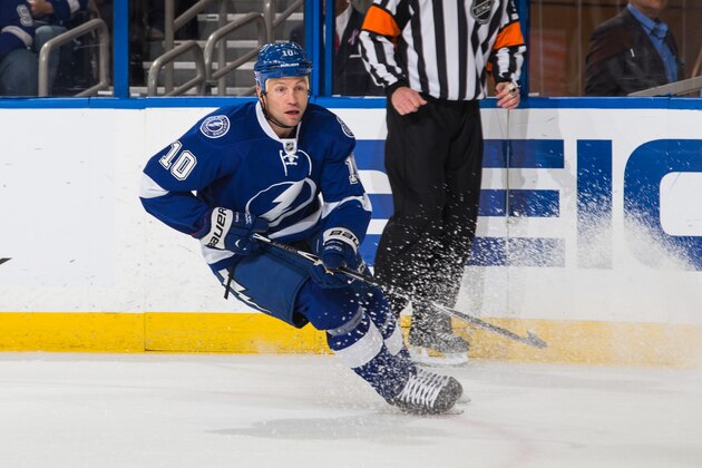 TAMPA, FL - NOVEMBER 6: Brenden Morrow #10 of the Tampa Bay Lightning skates against the Calgary Flames during the first period at the Amalie Arena on November 6, 2014 in Tampa, Florida.  (Photo by Scott Audette/NHLI via Getty Images)