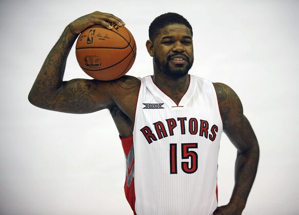 Sep 29, 2014; Toronto, Ontario, CAN; Toronto Raptors forward Amir Johnson (15) during Raptors media day at The Real Sports Bar Toronto. Mandatory Credit: Peter Llewellyn-USA TODAY Sports