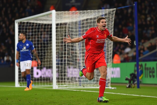 LEICESTER, ENGLAND - DECEMBER 02:  Steven Gerrard of Liverpool celebrates after scoring his team's second goal during the Barclays Premier League match between Leicester City and Liverpool at The King Power Stadium on December 2, 2014 in Leicester, England.  (Photo by Shaun Botterill/Getty Images)