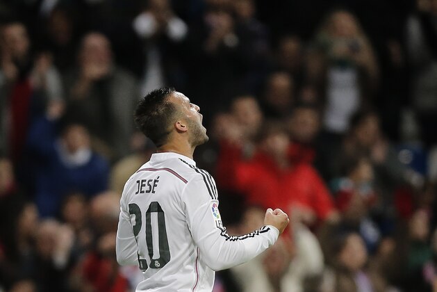 Real Madrid’s Jese celebrates after scoring a goal during a Spanish King’s Cup soccer match against Cornella at the Bernabeu stadium in Madrid, Spain, Tuesday, Dec. 2, 2014 . (AP Photo/Daniel Ochoa de Olza)