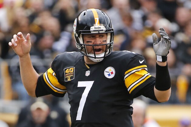 Pittsburgh Steelers quarterback Ben Roethlisberger (7) calls signals at the line of scrimmage during the second half of an NFL football game against the New Orleans Saints in Pittsburgh, Sunday, Nov. 30, 2014. (AP Photo/Gene J. Puskar)