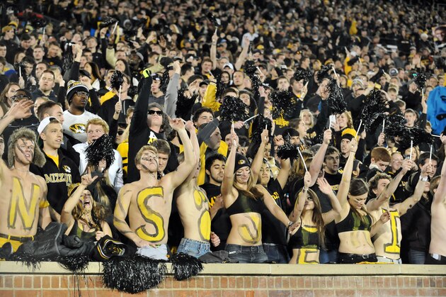 Nov 28, 2014; Columbia, MO, USA; Missouri Tigers fans cheer during the second half against the Arkansas Razorbacks at Faurot Field. Missouri won 21-14. Mandatory Credit: Denny Medley-USA TODAY Sports