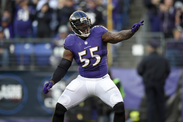 Baltimore Ravens outside linebacker Terrell Suggs reacts after sacking San Diego Chargers quarterback Philip Rivers in the second half of an NFL football game, Sunday, Nov. 30, 2014, in Baltimore. (AP Photo/Nick Wass)