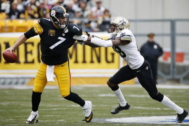 Pittsburgh Steelers quarterback Ben Roethlisberger (7) is pressured by New Orleans Saints cornerback Keenan Lewis (28) as he gets off an incomplete pass   during the first half of an NFL football game in Pittsburgh, Sunday, Nov. 30, 2014. (AP Photo/Gene J. Puskar)
