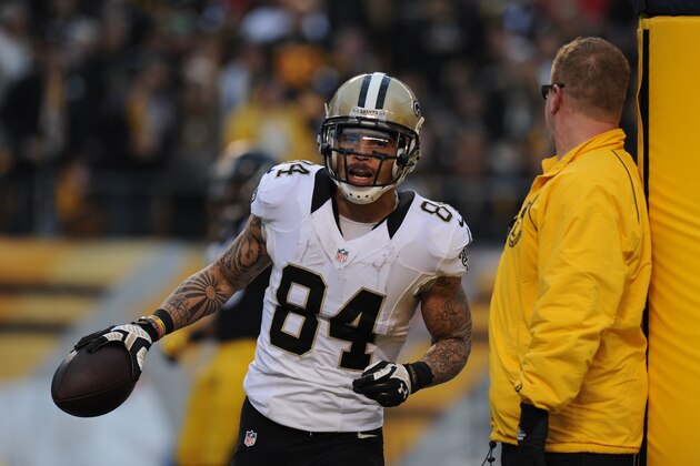 New Orleans Saints wide receiver Kenny Stills (84) celebrates scoring a touchdown after making a catch in the third quarter of the NFL game against the Pittsburgh Steelers, Sunday,Nov. 30, 2014 in Pittsburgh. (AP Photo/Don Wright)
