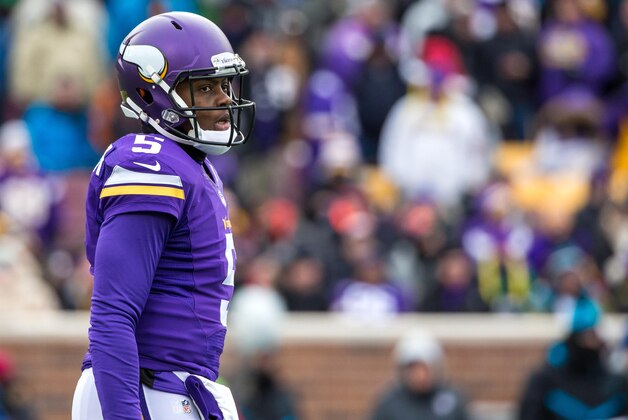 Nov 30, 2014; Minneapolis, MN, USA; Minnesota Vikings quarterback Teddy Bridgewater (5) looks on during the second quarter against the Carolina Panthers at TCF Bank Stadium. The Vikings defeated the Panthers 31-13. Mandatory Credit: Brace Hemmelgarn-USA TODAY Sports