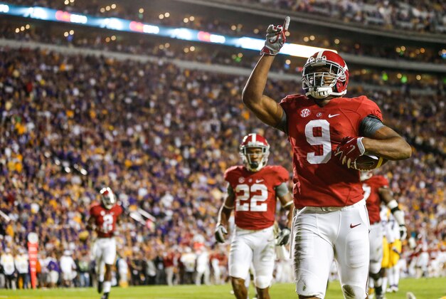 Nov 8, 2014; Baton Rouge, LA, USA; Alabama Crimson Tide wide receiver Amari Cooper (9) celebrates after a touchdown against the LSU Tigers during the second quarter of a game at Tiger Stadium. Mandatory Credit: Derick E. Hingle-USA TODAY Sports