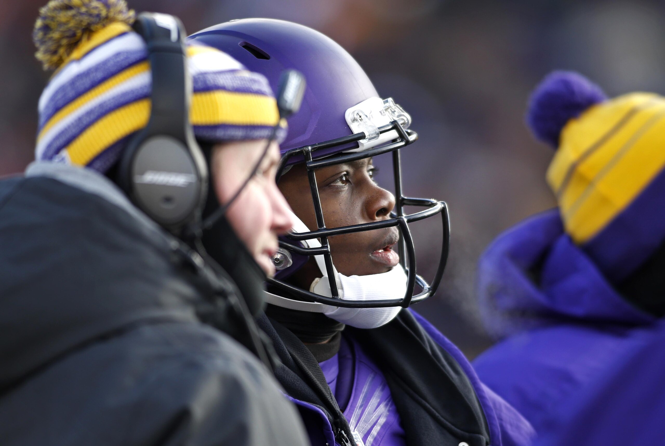 Nov 30, 2014; Minneapolis, MN, USA; Minnesota Vikings quarterback Teddy Bridgewater (5) watches a replay for a disputed run he made against the Carolina Panthers in the third quarter at TCF Bank Stadium. The Vikings win 31-13. Mandatory Credit: Bruce Kluckhohn-USA TODAY Sports