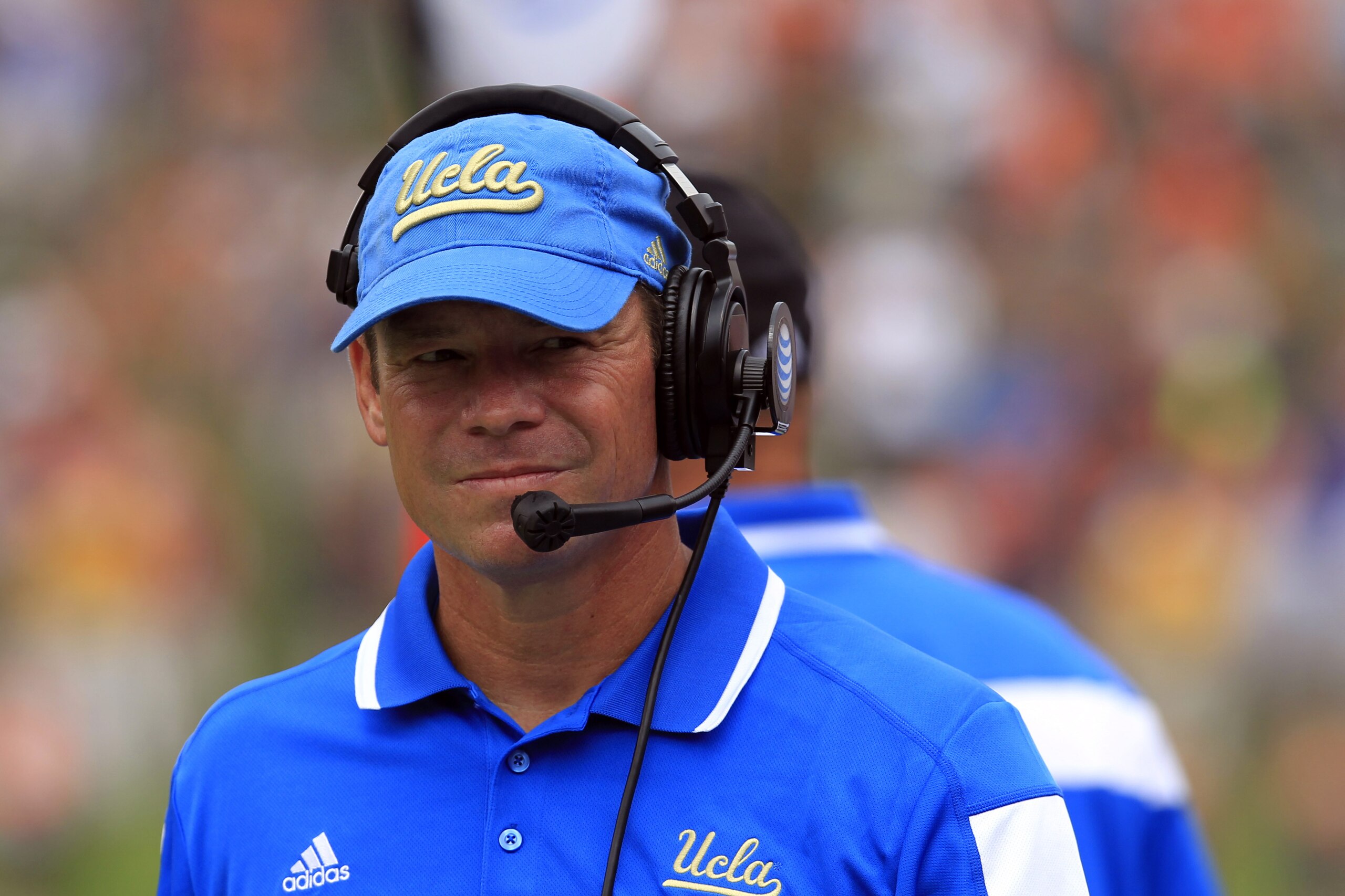 UCLA head coach Jim Mora watches from the sidelines during the first half of an NCAA college football game against Virginia at Scott Stadium, Saturday, Aug. 30, 2014, in Charlottesville, Va. (AP Photo/Andrew Shurtleff) UCLA head coach Jim Mora watches from the sidelines during the first half of an NCAA college football game against Virginia at Scott Stadium, Saturday, Aug. 30, 2014, in Charlottesville, Va. (AP Photo/Andrew Shurtleff)