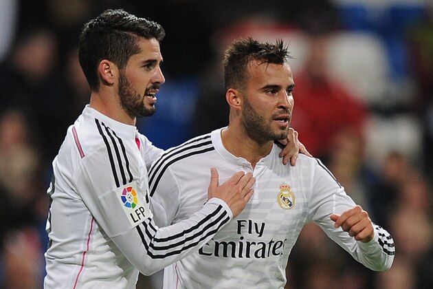 MADRID, SPAIN - DECEMBER 02:  Jese Rodriguez of Real Madrid celebrates with Isco after scoring Real's 5th goal during the Copa Del Rey Round of 32, Second Leg match between Real Madrid CF and Cornella at Santiago Bernabeu stadium on December 2, 2014 in Madrid, Spain.  (Photo by Denis Doyle/Getty Images)
