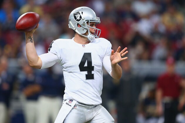ST. LOUIS, MO - NOVEMBER 30: Derek Carr #4 of the Oakland Raiders passes against the St. Louis Rams in the second quarter at the Edward Jones Dome on November 30, 2014 in St. Louis, Missouri.  The Rams beat the Raiders 52-0.  (Photo by Dilip Vishwanat/Getty Images)
