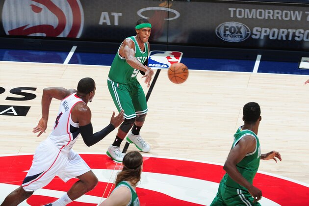 ATLANTA, GA - DECEMBER 2: Rajon Rondo #9 of the Boston Celtics fires a pass against the Atlanta Hawks on December 2, 2014 at Philips Arena in Atlanta, Georgia.  NOTE TO USER: User expressly acknowledges and agrees that, by downloading and/or using this Photograph, user is consenting to the terms and conditions of the Getty Images License Agreement. Mandatory Copyright Notice: Copyright 2014 NBAE (Photo by Scott Cunningham/NBAE via Getty Images)