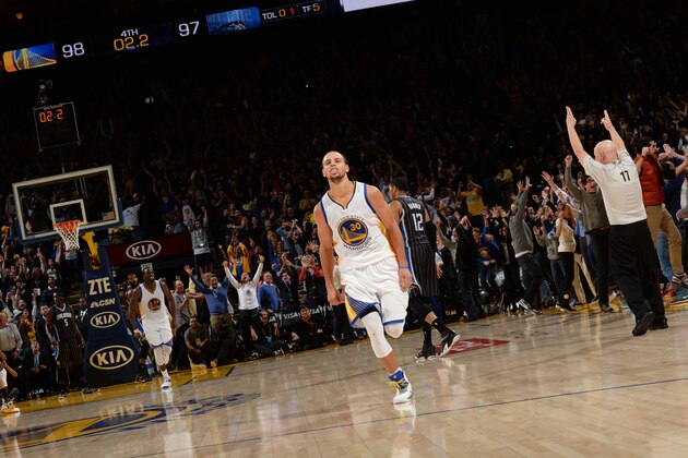 OAKLAND, CA - DECEMBER 2: Stephen Curry #30 of Golden State Warriors after making the game winning shot against the Orlando Magic on December 2, 2014 at Oracle Arena in Oakland, California. NOTE TO USER: User expressly acknowledges and agrees that, by downloading and or using this photograph, user is consenting to the terms and conditions of Getty Images License Agreement. Mandatory Copyright Notice: Copyright 2014 NBAE (Photo by Noah Graham/NBAE via Getty Images)