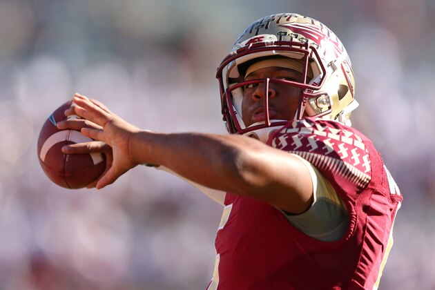 TALLAHASSEE, FL - NOVEMBER 29:  Jameis Winston #5 of the Florida State Seminoles warms up before  a game against the Florida Gators  at Doak Campbell Stadium on November 29, 2014 in Tallahassee, Florida.  (Photo by Mike Ehrmann/Getty Images)