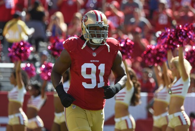 October 5, 2014; Santa Clara, CA, USA; San Francisco 49ers defensive end Ray McDonald (91) during player introductions before the game against the Kansas City Chiefs at Levi's Stadium. Mandatory Credit: Kyle Terada-USA TODAY Sports
