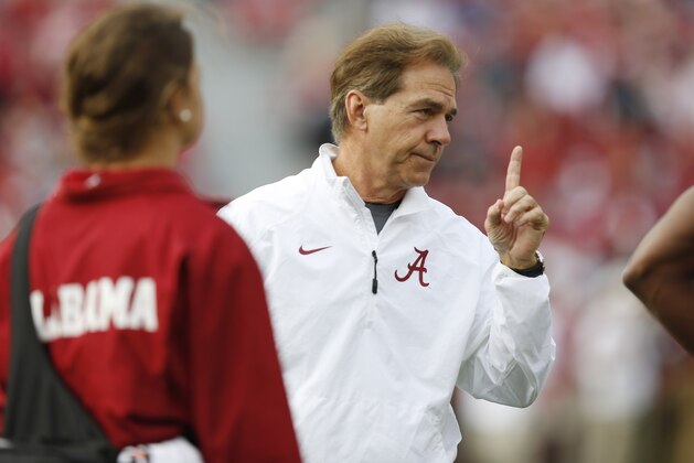 Alabama head coach Nick Saban gestures before an NCAA college football game against Western Carolina, Saturday, Nov. 22, 2014, in Tuscaloosa, Ala. (AP Photo/Brynn Anderson)