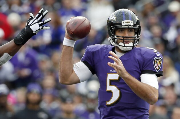 Baltimore Ravens quarterback Joe Flacco throws to a receiver as he is pressured in the first half of an NFL football game against the San Diego Chargers, Sunday, Nov. 30, 2014, in Baltimore. (AP Photo/Alex Brandon)