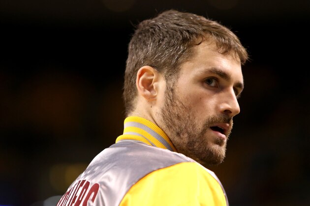 BOSTON, MA - NOVEMBER 14:  Kevin Love #0 of the Cleveland Cavaliers looks on during warm ups before a game against the Boston Celtics at TD Garden on November 14, 2014 in Boston, Massachusetts. NOTE TO USER: User expressly acknowledges and agrees that, by downloading and or using this photograph, User is consenting to the terms and conditions of the Getty Images License Agreement.  (Photo by Mike Lawrie/Getty Images)