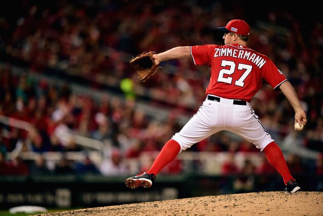 WASHINGTON, DC - OCTOBER 04:  Jordan Zimmermann #27 of the Washington Nationals throws a pitch in the eighth inning against the San Francisco Giants during Game Two of the National League Division Series at Nationals Park on October 4, 2014 in Washington, DC.  (Photo by Patrick Smith/Getty Images)