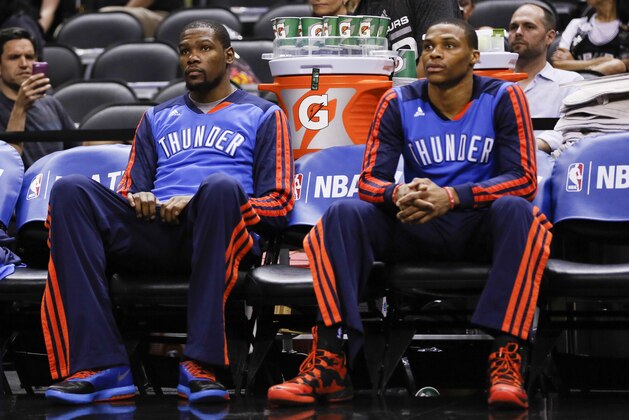 May 29, 2014; San Antonio, TX, USA; Oklahoma City Thunder forward Kevin Durant (left) and guard Russell Westbrook (right) before the game against the San Antonio Spurs in game five of the Western Conference Finals of the 2014 NBA Playoffs at AT&T Center. Mandatory Credit: Soobum Im-USA TODAY Sports