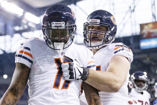 Chicago Bears wide receiver Alshon Jeffery (17) is congratulated after his 6-yard touchdown reception during the first half of an NFL football game against the Detroit Lions in Detroit, Thursday, Nov. 27, 2014. (AP Photo/Rick Osentoski)