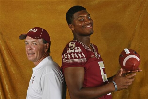 FILE - In this Aug. 10, 2014, file photo, Florida State head coach Jimbo Fisher, left, and quarterback Jameis Winston (5) pose for a photo during their NCAA college football media day in Tallahassee, Fla. Fisher may be the pre-eminent quarterback coach in college football. He has had eight quarterbacks drafted to the NFL since 2001, works with reigning Heisman winner Jamies Winston and two of his former Seminole disciples are expected to start for other major college programs this year. (AP Photo/Phil Sears, File)