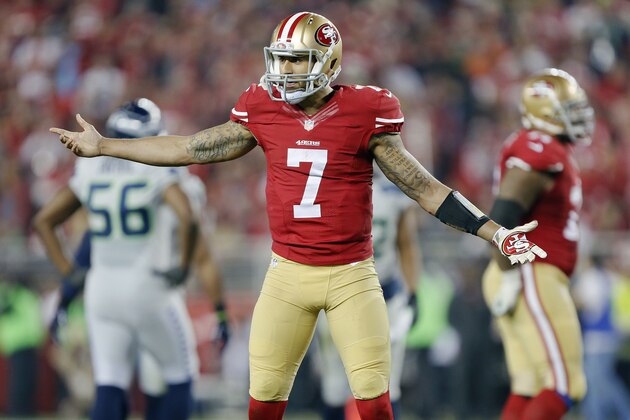 SANTA CLARA, CA - NOVEMBER 27:  Quarterback Colin Kaepernick #7 of the San Francisco 49ers looks to the officials during the last seconds of the second quarter against the Seattle Seahawks on November 27, 2014 at Levi's Stadium in Santa Clara, California.  The Seahawks won 19-3. (Photo by Brian Bahr/Getty Images)