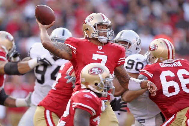 SAN FRANCISCO, CA - AUGUST 20:  Colin Kaepernick #7 of the San Francisco 49ers in action during their game against the Oakland Raiders at Candlestick Park on August 20, 2011 in San Francisco, California.  (Photo by Ezra Shaw/Getty Images)