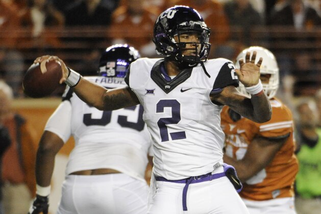Nov 27, 2014; Austin, TX, USA; TCU Horned Frogs quarterback Trevone Boykin (2) throws a pass against the Texas Longhorns during the game at Darrell K Royal-Texas Memorial Stadium. Mandatory Credit: Brendan Maloney-USA TODAY Sports