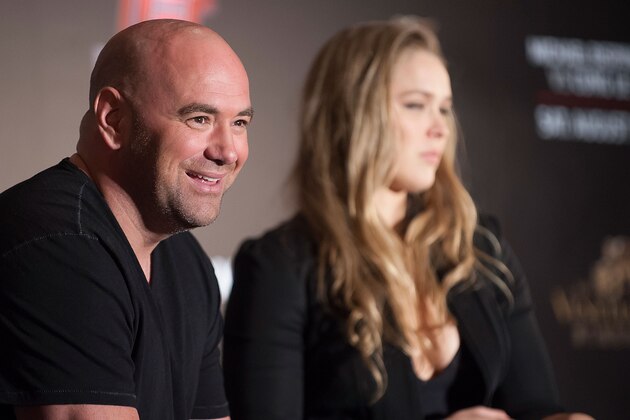HONG KONG - AUGUST 20:  UFC President Dana White and UFC women's bantamweight champion Ronda Rousey at a Q&A session during the Macao UFC Fight Night Press Conference at the Four Season Hotel on August 20, 2014 in Hong Kong.  (Photo by Anthony Kwan/Getty Images)