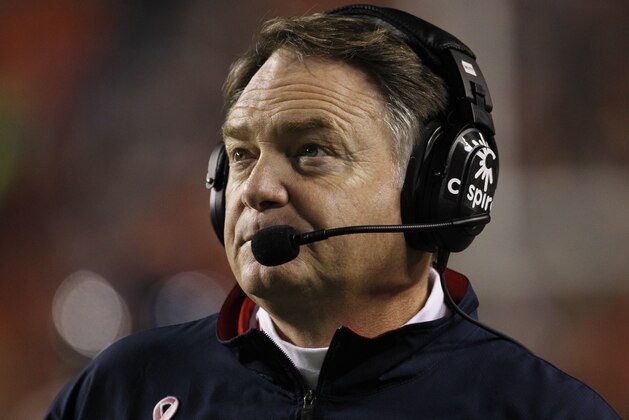 Mississippi coach Houston Nutt is pictured in the second half of a 41-23 loss to Auburn in their NCAA college football game at Jordan-Hare Stadium in Auburn, Ala., Saturday, Oct. 29, 2011. (AP Photo/Dave Martin)