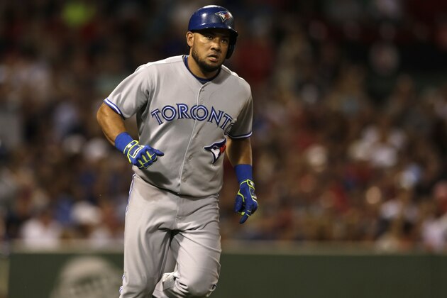Toronto Blue Jays Melky Cabrera rounds the bases on his sixth inning home run against the Boston Red Sox during a baseball game at Fenway Park in Boston, Monday, July 28, 2014. (AP Photo/Charles Krupa)