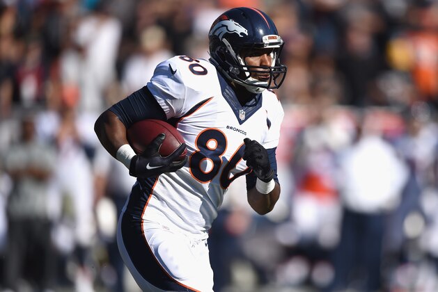 OAKLAND, CA - NOVEMBER 09: Julius Thomas #80 of the Denver Broncos carries against the Oakland Raiders in the first half at O.co Coliseum on November 9, 2014 in Oakland, California. (Photo by Thearon W. Henderson/Getty Images)