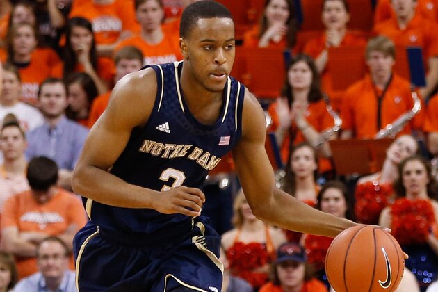 Feb 22, 2014; Charlottesville, VA, USA; Notre Dame Fighting Irish forward V.J. Beachem (3) dribbles the ball against the Virginia Cavaliers at John Paul Jones Arena. Mandatory Credit: Geoff Burke-USA TODAY Sports