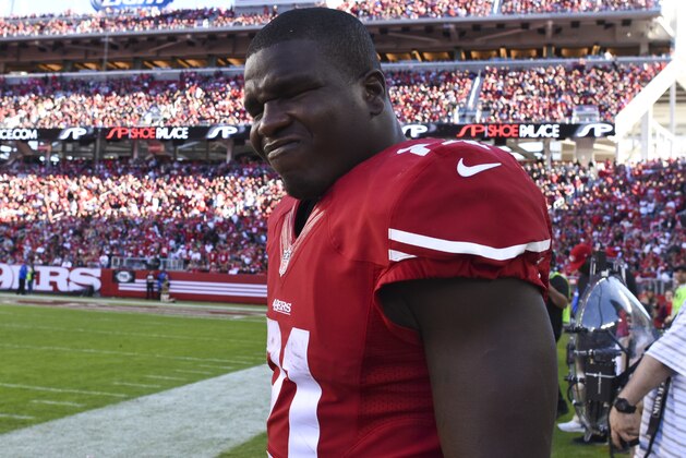 SANTA CLARA, CA - NOVEMBER 02: Frank Gore #21 of the San Francisco 49ers stands on the sidelines against the St. Louis Rams during the fourth quarter at Levi's Stadium on November 2, 2014 in Santa Clara, California.  The St. Louis Rams defeated the San Francisco 49ers 13-10.  (Photo by Thearon W. Henderson/Getty Images)