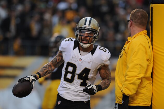New Orleans Saints wide receiver Kenny Stills (84) celebrates scoring a touchdown after making a catch in the third quarter of the NFL game against the Pittsburgh Steelers, Sunday,Nov. 30, 2014 in Pittsburgh. (AP Photo/Don Wright)