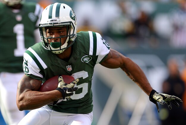 Nov 9, 2014; East Rutherford, NJ, USA; New York Jets wide receiver Percy Harvin (16) rushes against the Pittsburgh Steelers during the first quarter at MetLife Stadium. Mandatory Credit: Adam Hunger-USA TODAY Sports