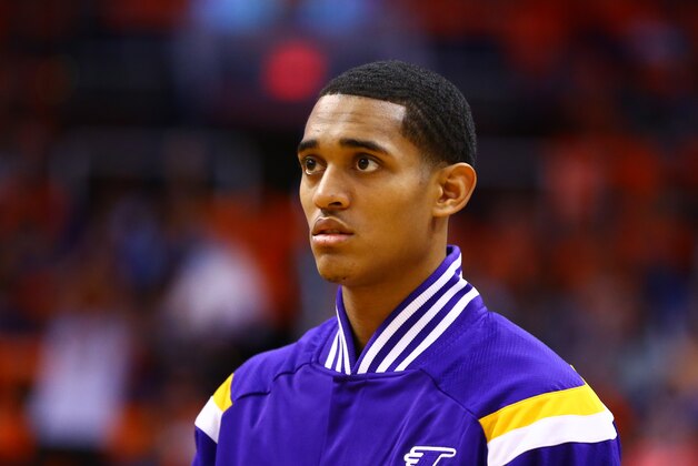 Oct 29, 2014; Phoenix, AZ, USA; Los Angeles Lakers guard Jordan Clarkson (6) against the Phoenix Suns during the home opener at US Airways Center. The Suns defeated the Lakers 119-99. Mandatory Credit: Mark J. Rebilas-USA TODAY Sports