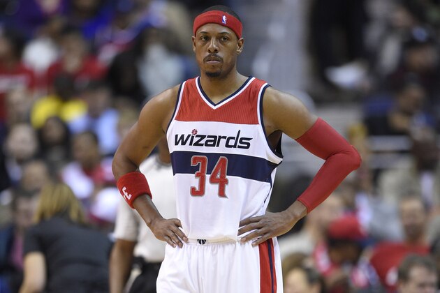 Washington Wizards forward Paul Pierce (34) looks on during the first half of an NBA basketball game against the Atlanta Hawks, Tuesday, Nov. 25, 2014, in Washington. (AP Photo/Nick Wass)