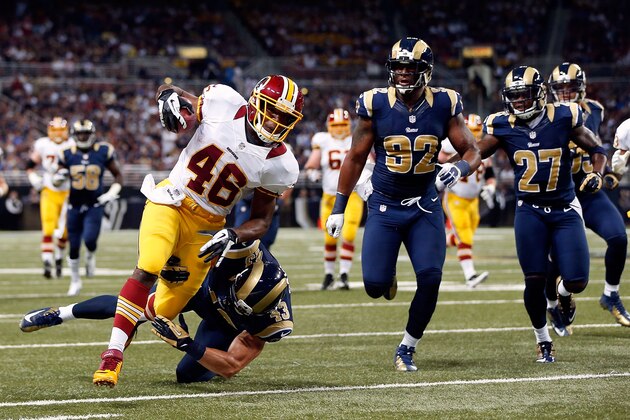 ST LOUIS, MO - SEPTEMBER 16:  Running back Alfred Morris #46 of the Washington Redskins carries the ball during the game against the St. Louis Rams at Edward Jones Dome on September 16, 2012 in St Louis, Missouri.  (Photo by Jamie Squire/Getty Images)