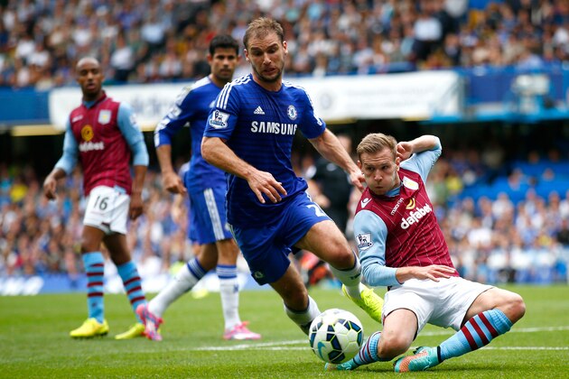 LONDON, ENGLAND - SEPTEMBER 27:  Andreas Weiman of Aston Villa is challenged by Branislav Ivanovic of Chelsea during the Barclays Premier League match between Chelsea and Aston Villa at Stamford Bridge on September 27, 2014 in London, England  (Photo by Clive Rose/Getty Images)